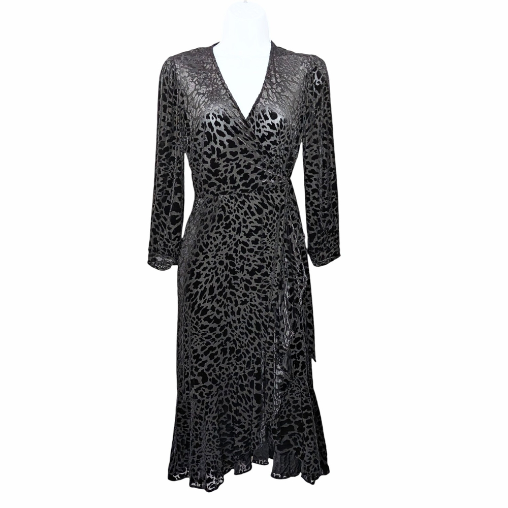 Calvin Klein Black Velvet Animal Print Wrap Dress With Ruffle Flounce Hem